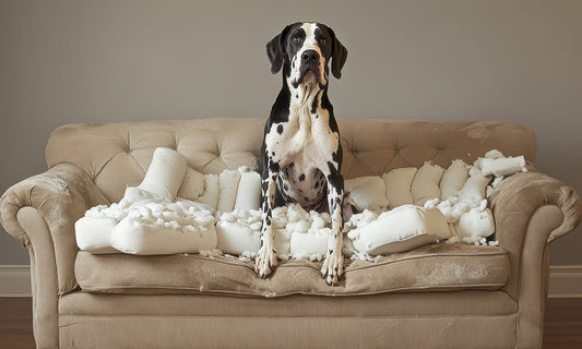 A mischievous-looking dog sitting on a sofa surrounded by shredded pillows, gazing up with a guilty expression amid the mess.