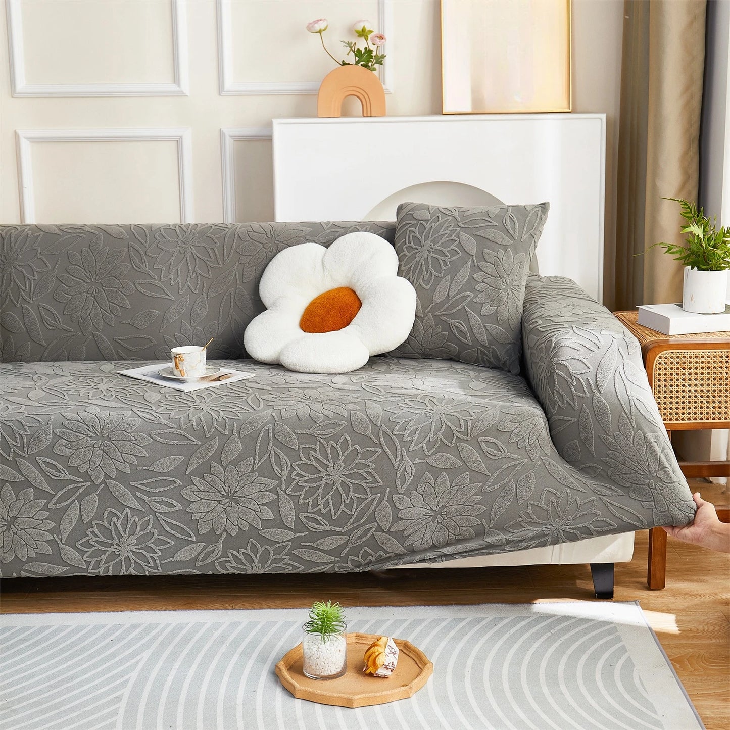 1Pc Camellia Jacquard Elastic Sofa Slipcover, Non-Slip Sofa Cover, Couch Cover Four Seasons Universal Furniture Protector Decor