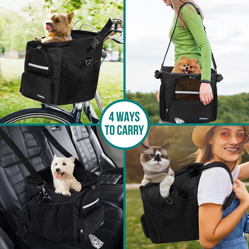 Dog Bike Basket, Soft-Sided Ventilated Dog Bike Carrier Backpack, Dog Pet Bicycle Basket for Bike Handlebar, Small Medium Puppy Cat Kitten Car Booster Seat with Safety Strap (Black)