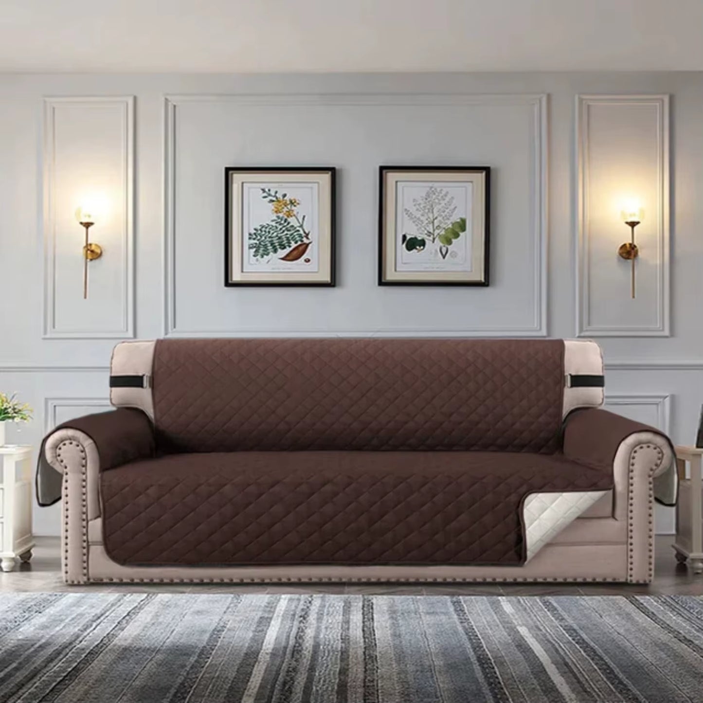 Waterproof Plaid Fabric Anti-Slip Luxury Living Room Sofa Covers for 1 2 3 4 Seater Sofas - Pet Dog Sofa Mat Included - Slipcove