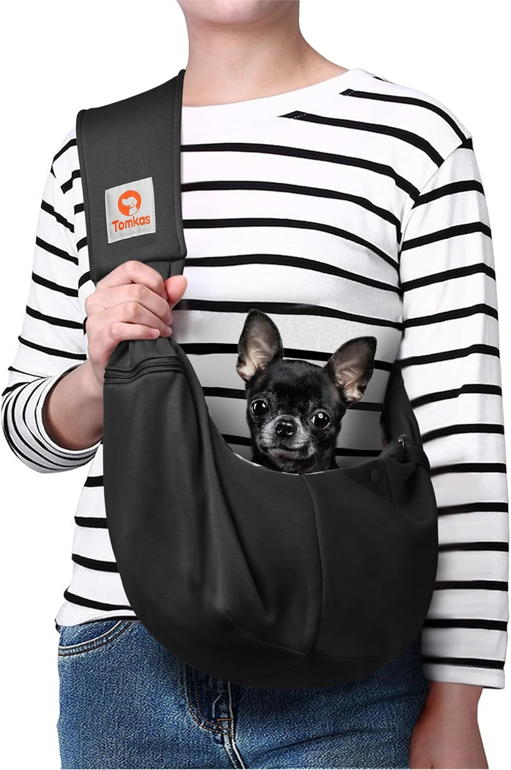 Dog Carrier Sling - Pet Carrier for Small Dogs and Cats, Adjustable Strap, Zip Pocket, Snap Closure for Pets (Black, S - Adjustable Strap Eu)