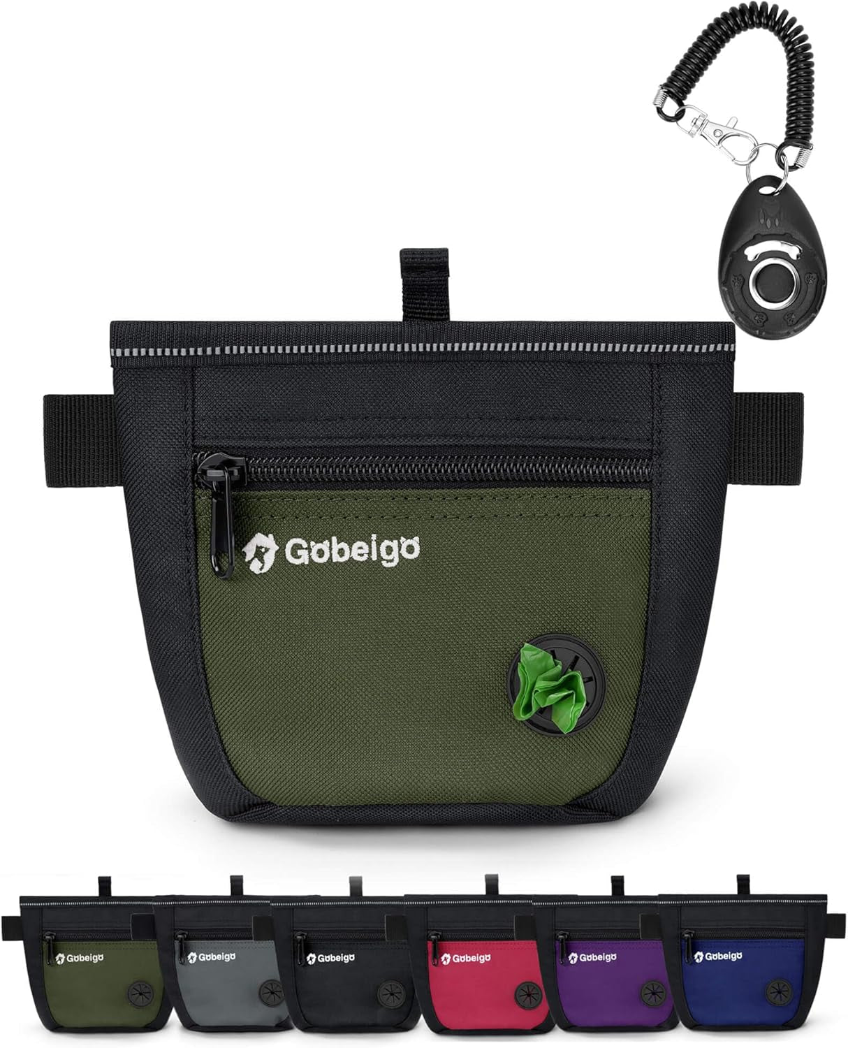 Dog Treat Pouch and Training Clicker, Upgrade Two Magnetic Closure to Prevent Spills, 2 Cup Treat Bag with Poop Bag Dispenser, Metal Clip Waist Belt Fanny Pack for Pet Walk (Black/Army Green)