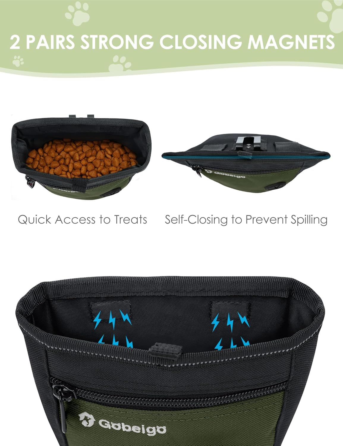 Dog Treat Pouch and Training Clicker, Upgrade Two Magnetic Closure to Prevent Spills, 2 Cup Treat Bag with Poop Bag Dispenser, Metal Clip Waist Belt Fanny Pack for Pet Walk (Black/Army Green)