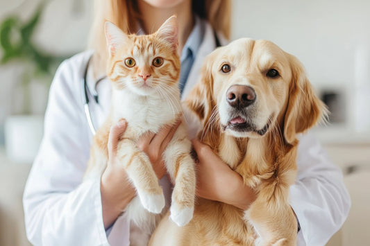 Veterinarian gently holding a small puppy in one hand and a kitten in the other, during a check-up at a pet clinic.