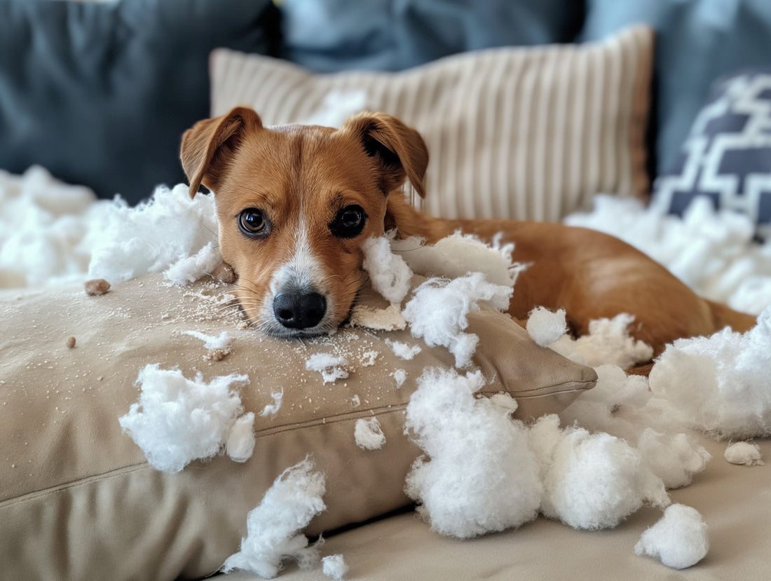A dog resting on shredded pillow