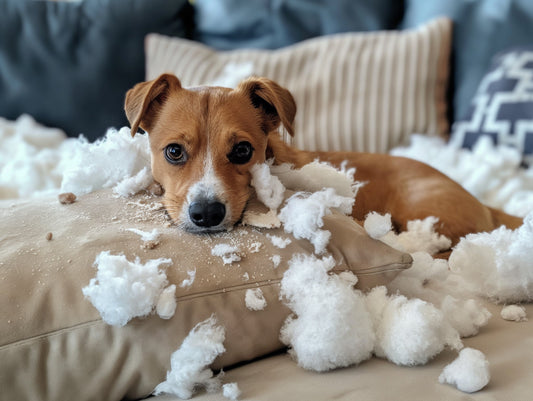A dog resting on shredded pillow