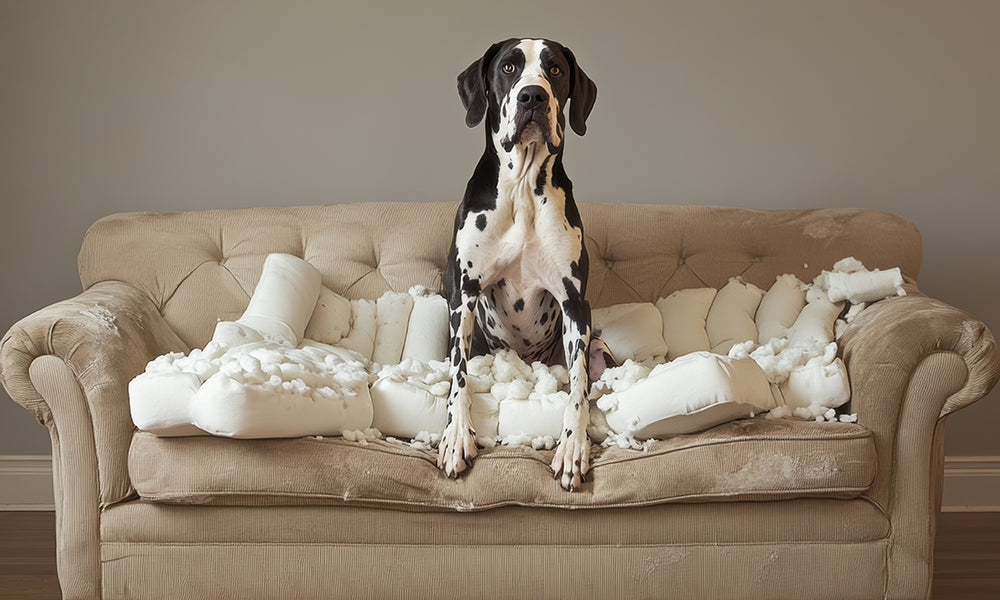 A mischievous-looking dog sitting on a sofa surrounded by shredded pillows, gazing up with a guilty expression amid the mess.