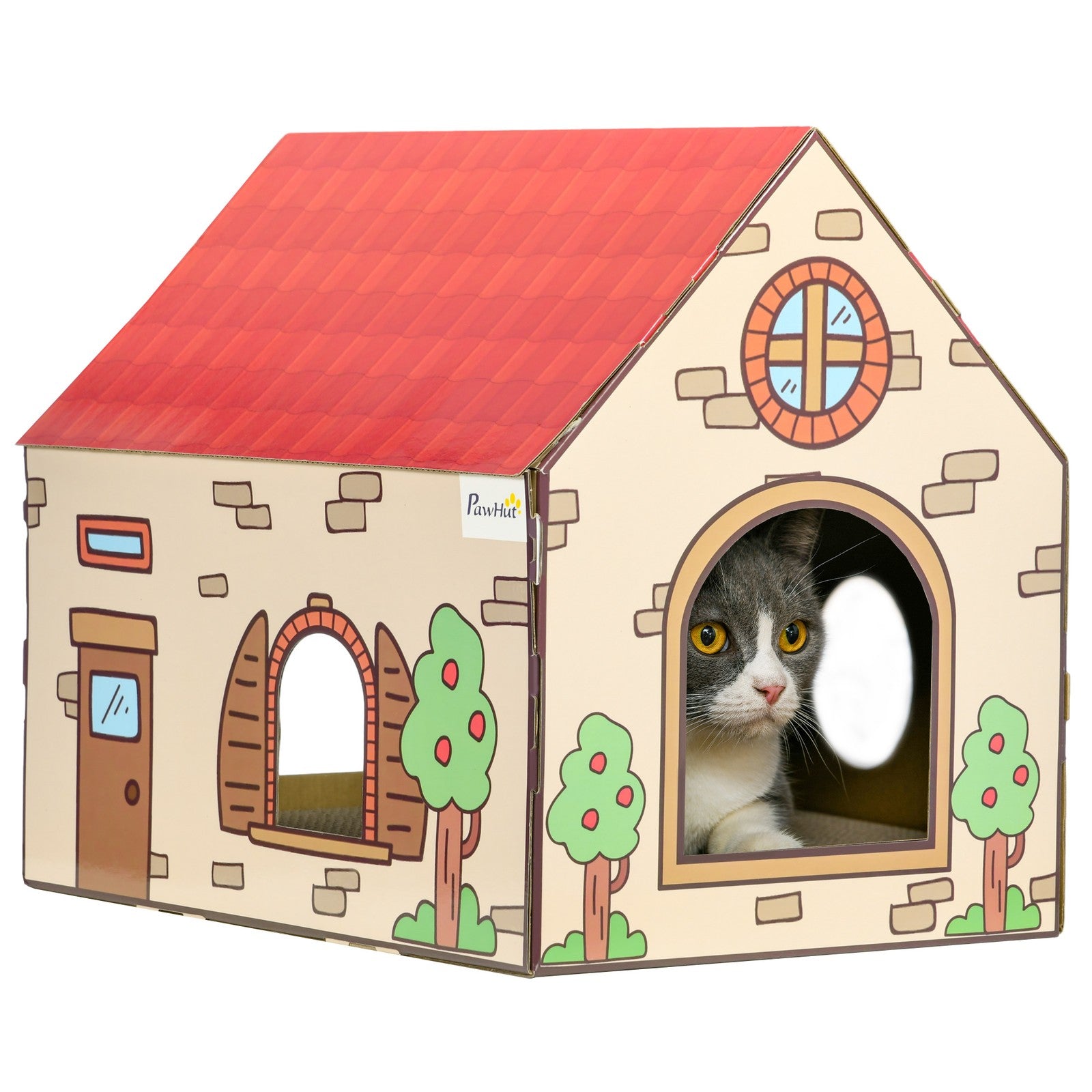 Cat Scratcher House with Scratcher, Catnip, Red Roof for Indoor Cats, Beige