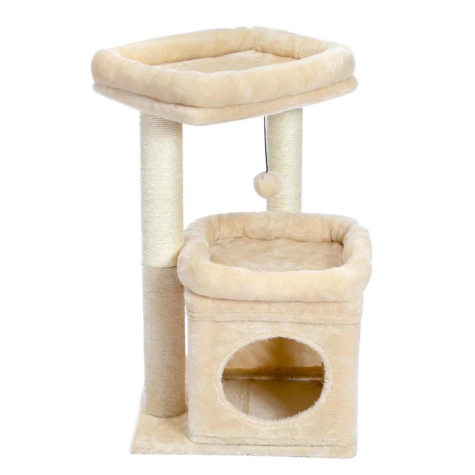 Cat Tree Tower for Indoor Cats with Private Cozy Cat Condo Natural Sisal Scratching Posts and Plush Pom-Pom for Small Cats