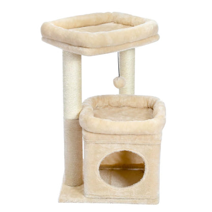 Cat Tree Tower for Indoor Cats with Private Cozy Cat Condo Natural Sisal Scratching Posts and Plush Pom-Pom for Small Cats