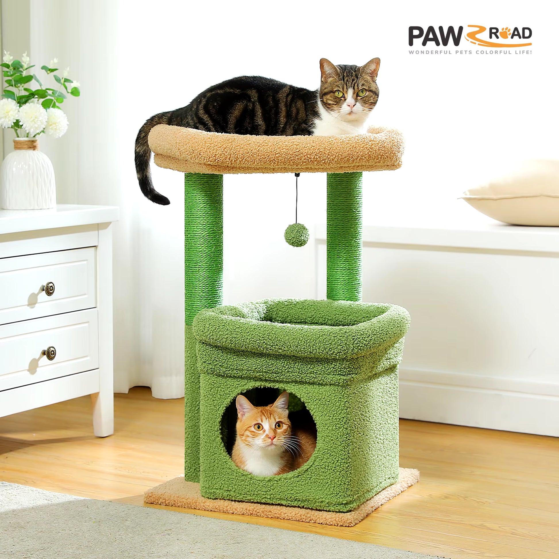 Cat Tree Tower for Indoor Cats with Private Cozy Cat Condo Natural Sisal Scratching Posts and Plush Pom-Pom for Small Cats