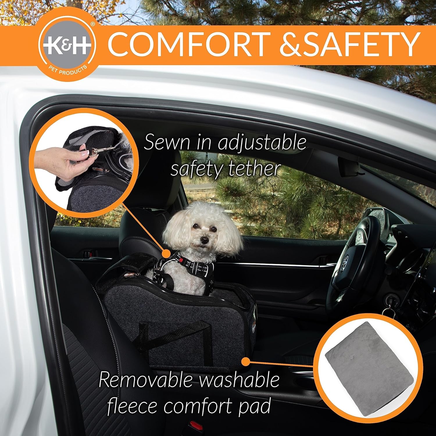 Pet Products Portable Console Booster Dog Car Seat & Carrier for Small Dogs & Cats, Luxury Car Seat for Center Car Armrest Includes Safety Tether - Charcoal 10 X 15 X 9.5 Inches