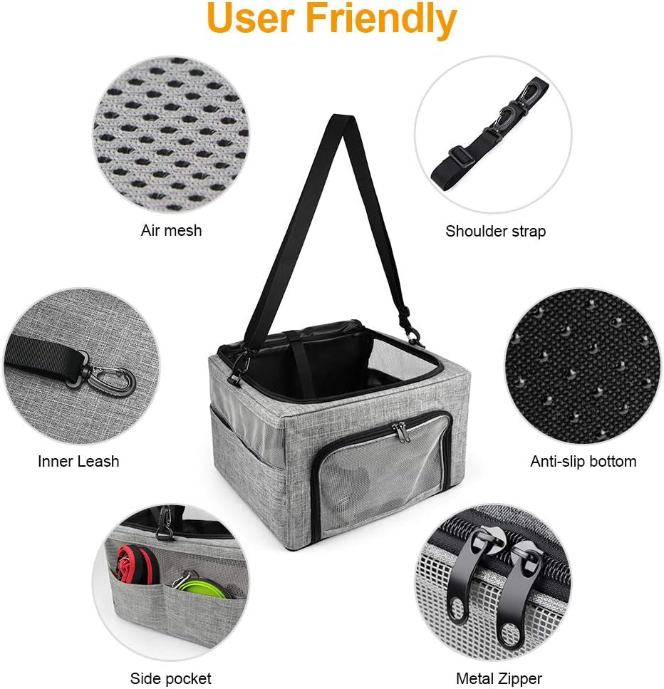 Collapsible Dog Travel Car Seat Top Cover Dog Car Carrier with Reinforce Metal Frame Construction Cage Safer Seatbelt Vehichels Bags for Small Medium Puppy Cat up to 15 Lbs