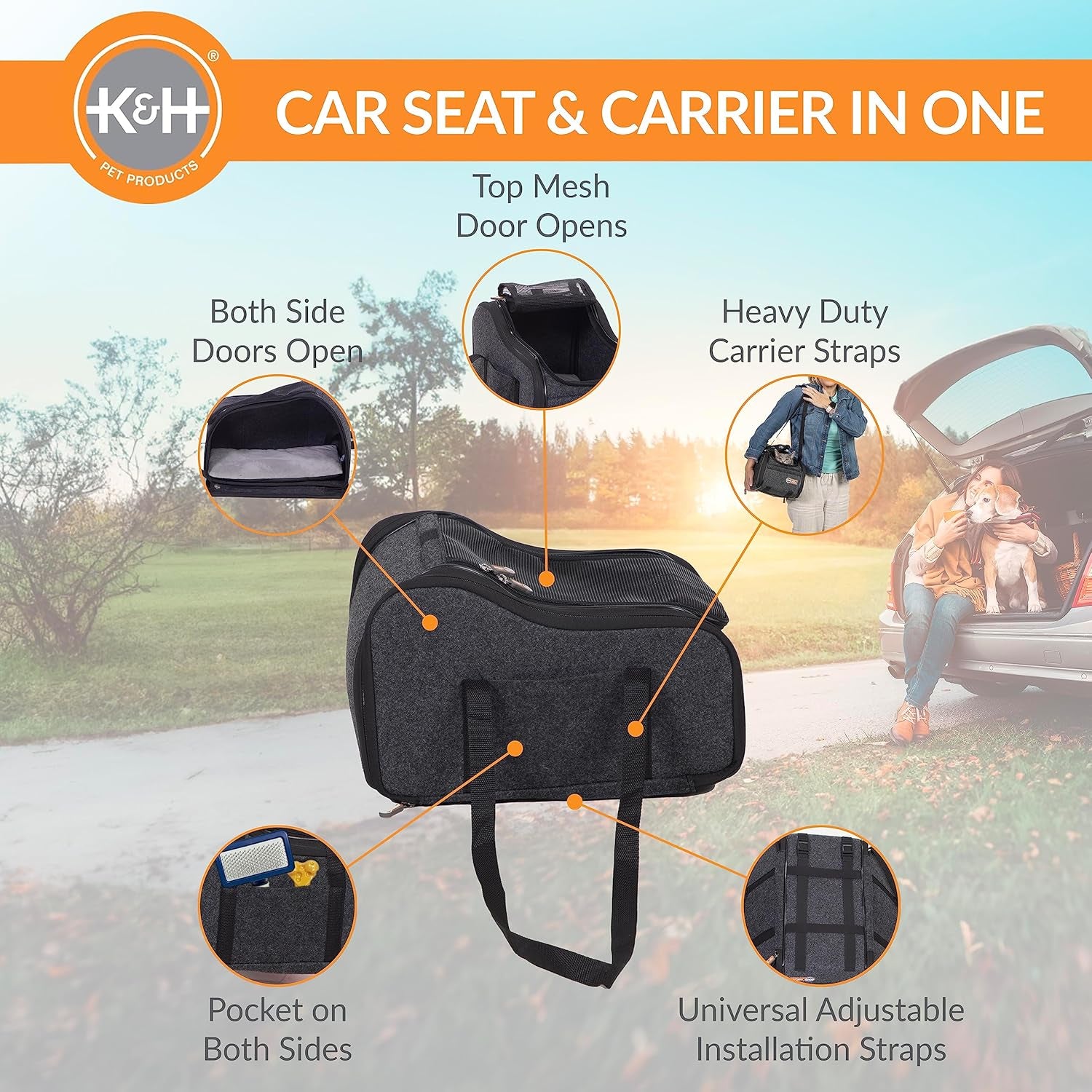 Pet Products Portable Console Booster Dog Car Seat & Carrier for Small Dogs & Cats, Luxury Car Seat for Center Car Armrest Includes Safety Tether - Charcoal 10 X 15 X 9.5 Inches