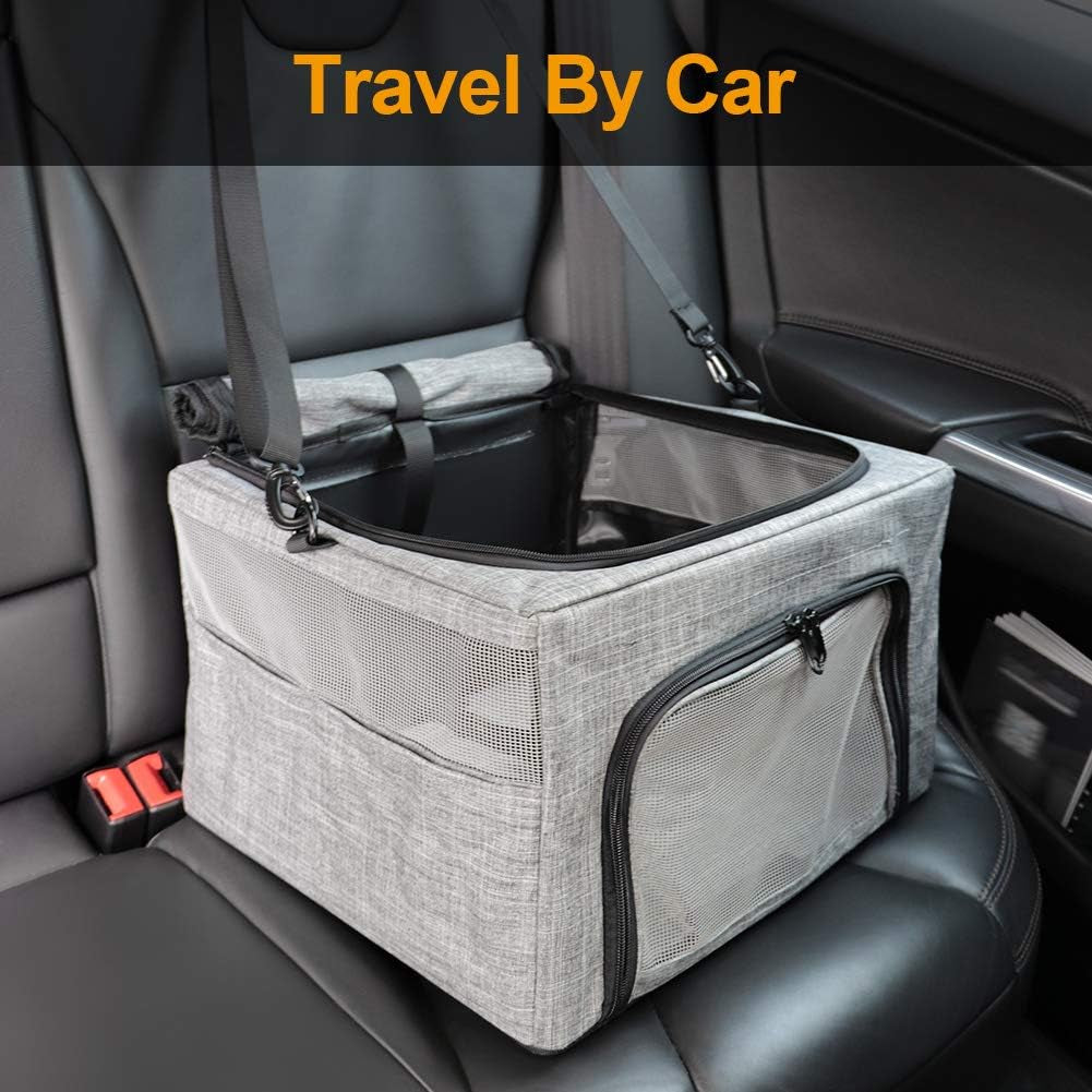 Collapsible Dog Travel Car Seat Top Cover Dog Car Carrier with Reinforce Metal Frame Construction Cage Safer Seatbelt Vehichels Bags for Small Medium Puppy Cat up to 15 Lbs