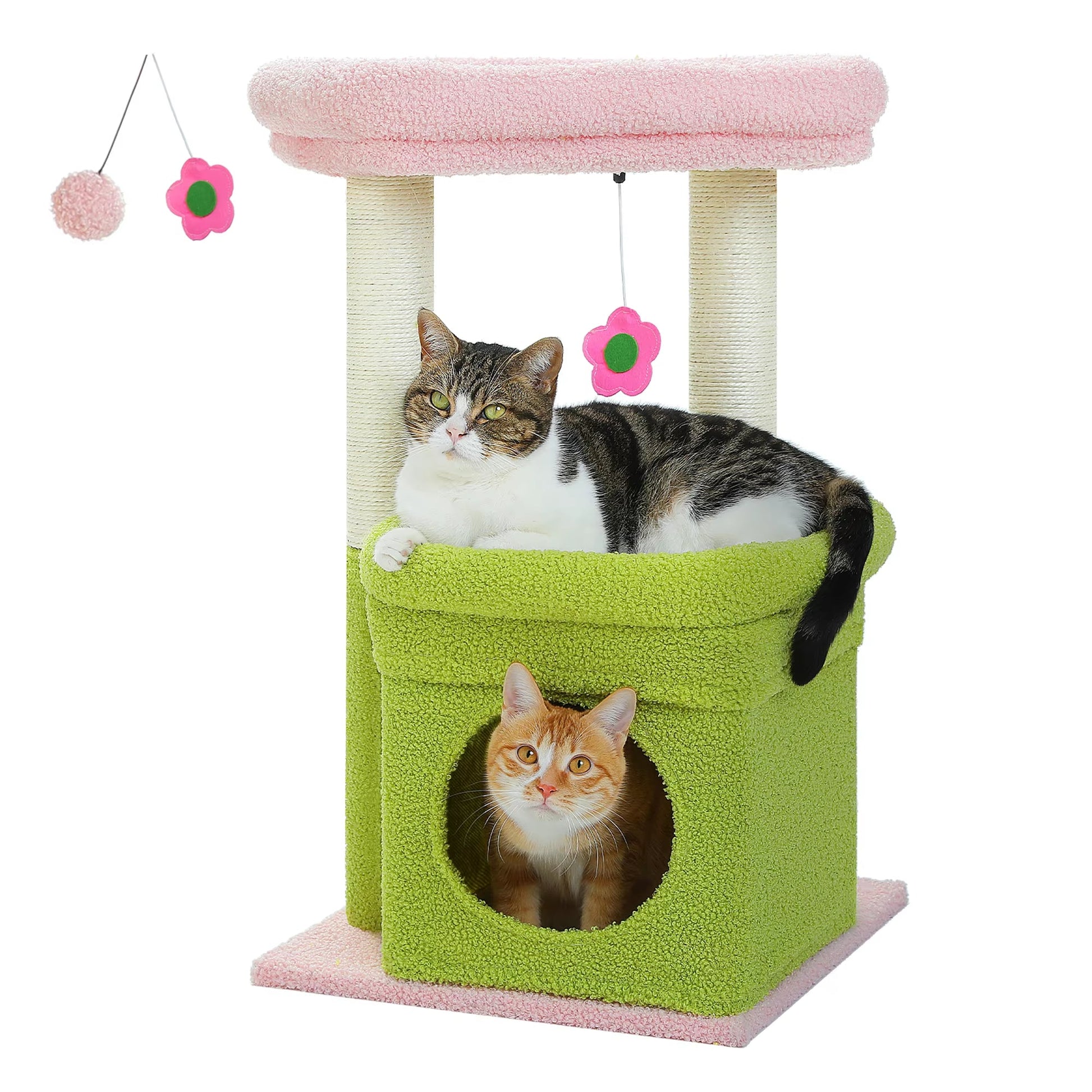 Cat Tree Tower for Indoor Cats with Private Cozy Cat Condo Natural Sisal Scratching Posts and Plush Pom-Pom for Small Cats