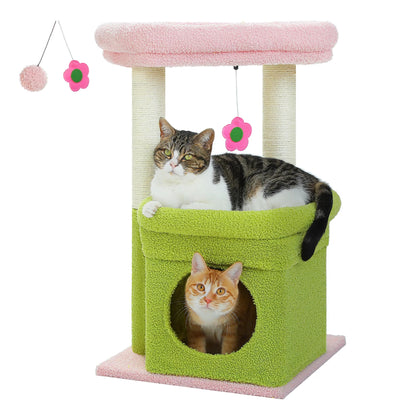 Cat Tree Tower for Indoor Cats with Private Cozy Cat Condo Natural Sisal Scratching Posts and Plush Pom-Pom for Small Cats