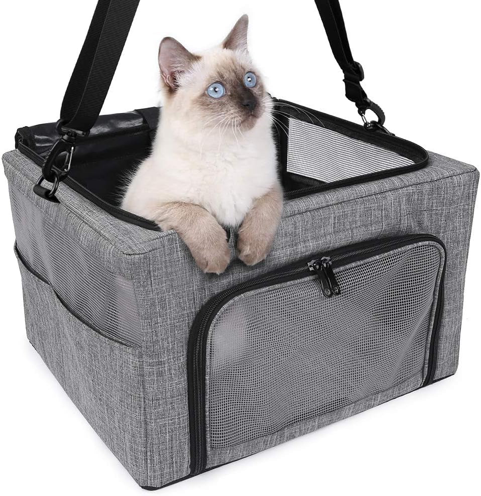 Collapsible Dog Travel Car Seat Top Cover Dog Car Carrier with Reinforce Metal Frame Construction Cage Safer Seatbelt Vehichels Bags for Small Medium Puppy Cat up to 15 Lbs