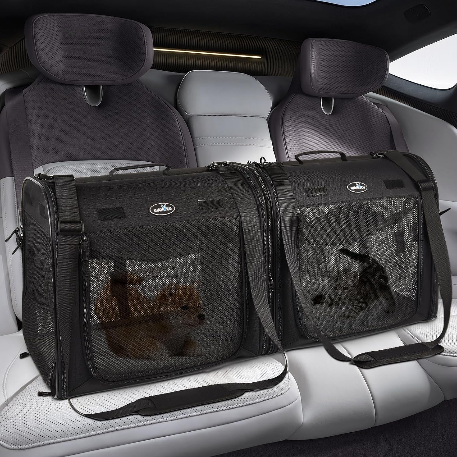 Portable 2-In-1 Pet Carrier for Medium Dogs Large Cat 2 Cats Travel Double Dog Crate Set with Carry Bag/Hammocks/Mats/Tent Stakes/2 Pcs Bowls Outdoor Camping, 2.0 Black