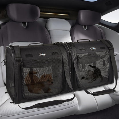 Portable 2-In-1 Pet Carrier for Medium Dogs Large Cat 2 Cats Travel Double Dog Crate Set with Carry Bag/Hammocks/Mats/Tent Stakes/2 Pcs Bowls Outdoor Camping, 2.0 Black