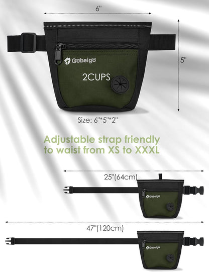 Dog Treat Pouch and Training Clicker, Upgrade Two Magnetic Closure to Prevent Spills, 2 Cup Treat Bag with Poop Bag Dispenser, Metal Clip Waist Belt Fanny Pack for Pet Walk (Black/Army Green)
