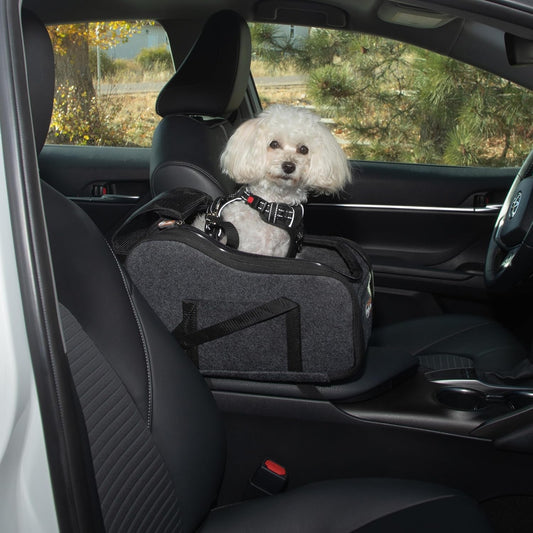 Pet Products Portable Console Booster Dog Car Seat & Carrier for Small Dogs & Cats, Luxury Car Seat for Center Car Armrest Includes Safety Tether - Charcoal 10 X 15 X 9.5 Inches