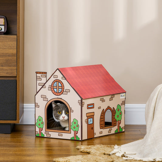 Cat scratcher house with catnip and red roof – indoor cat scratching furniture in beige
