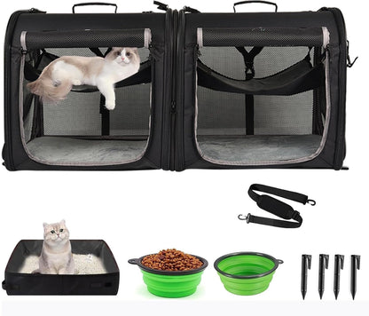 Portable 2-In-1 Pet Carrier for Medium Dogs Large Cat 2 Cats Travel Double Dog Crate Set with Carry Bag/Hammocks/Mats/Tent Stakes/2 Pcs Bowls Outdoor Camping, 2.0 Black