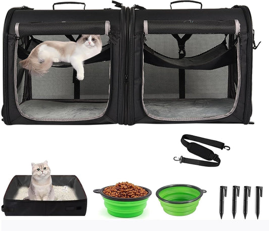Portable 2-In-1 Pet Carrier for Medium Dogs Large Cat 2 Cats Travel Double Dog Crate Set with Carry Bag/Hammocks/Mats/Tent Stakes/2 Pcs Bowls Outdoor Camping, 2.0 Black
