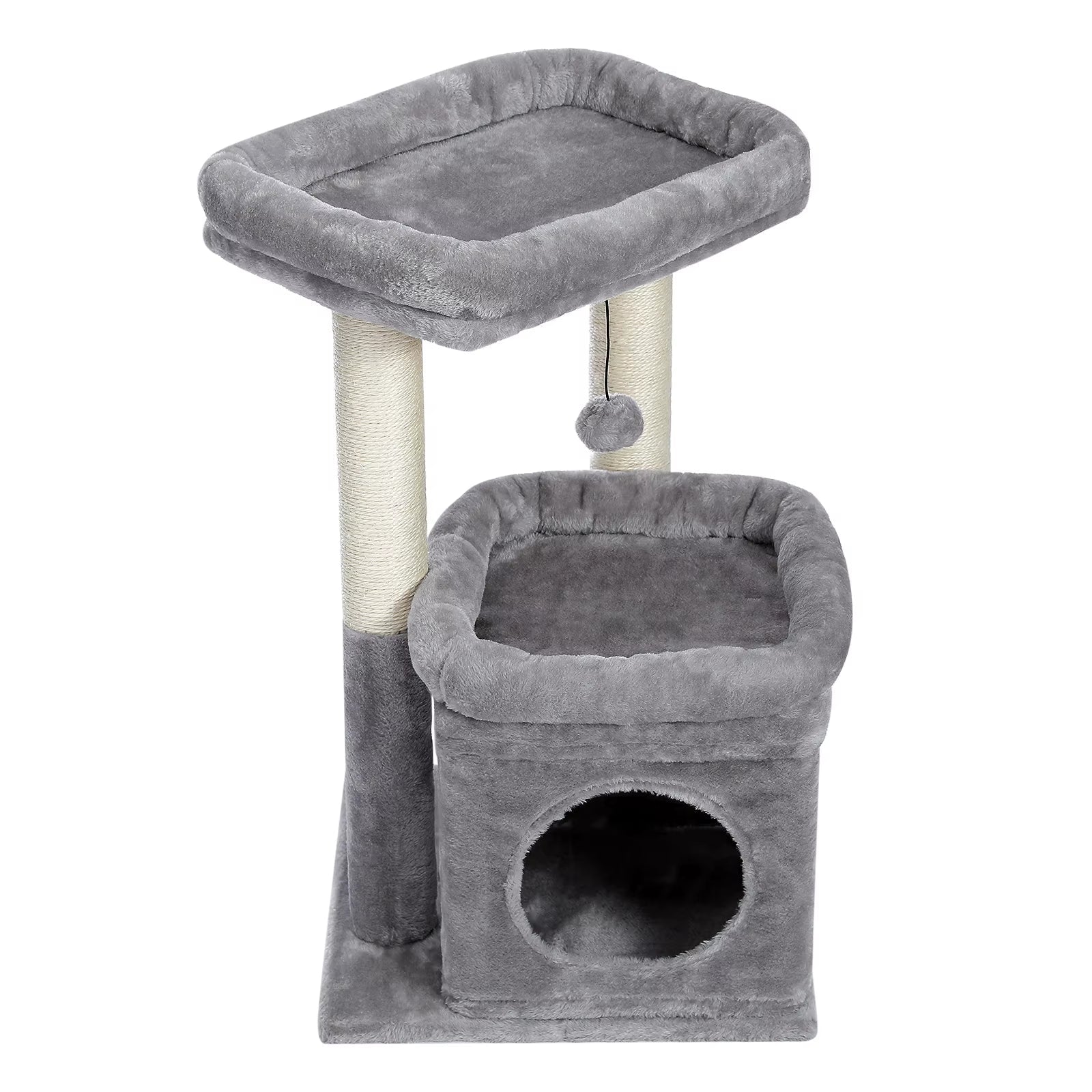 Cat Tree Tower for Indoor Cats with Private Cozy Cat Condo Natural Sisal Scratching Posts and Plush Pom-Pom for Small Cats