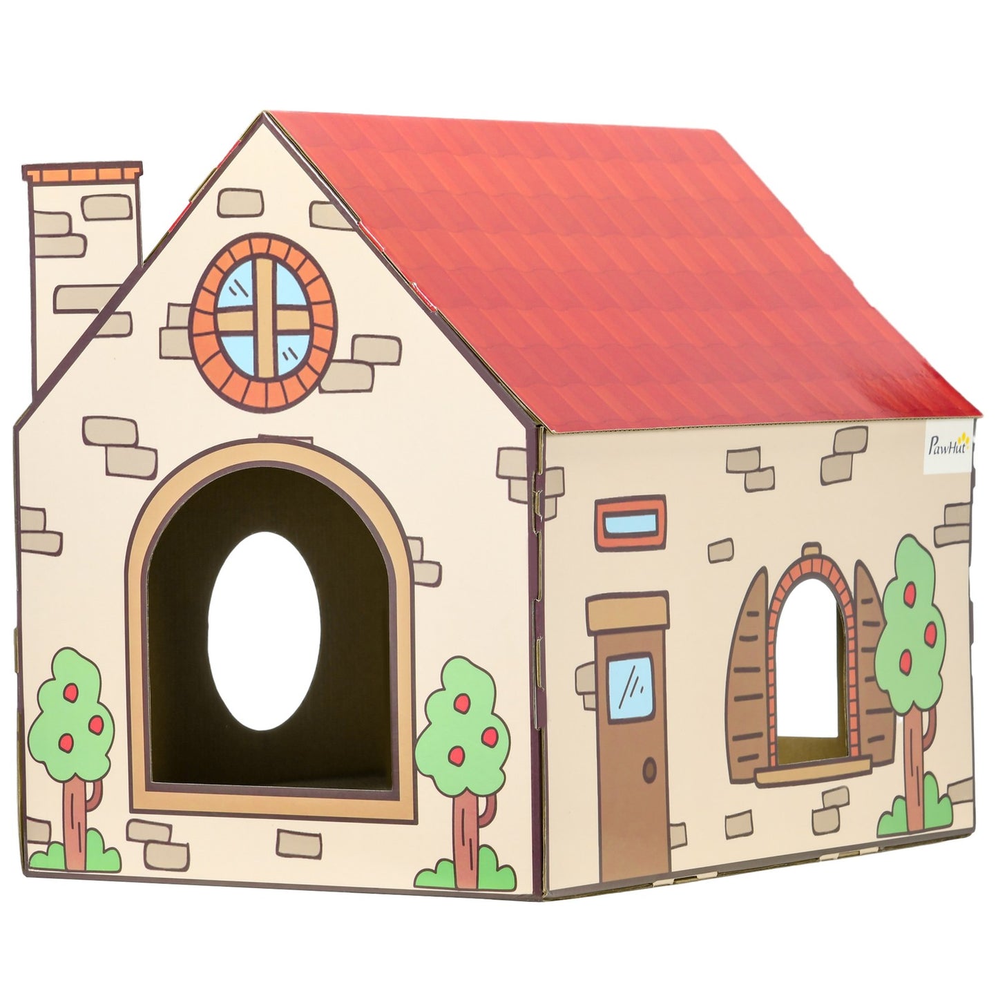 Cat Scratcher House with Scratcher, Catnip, Red Roof for Indoor Cats, Beige