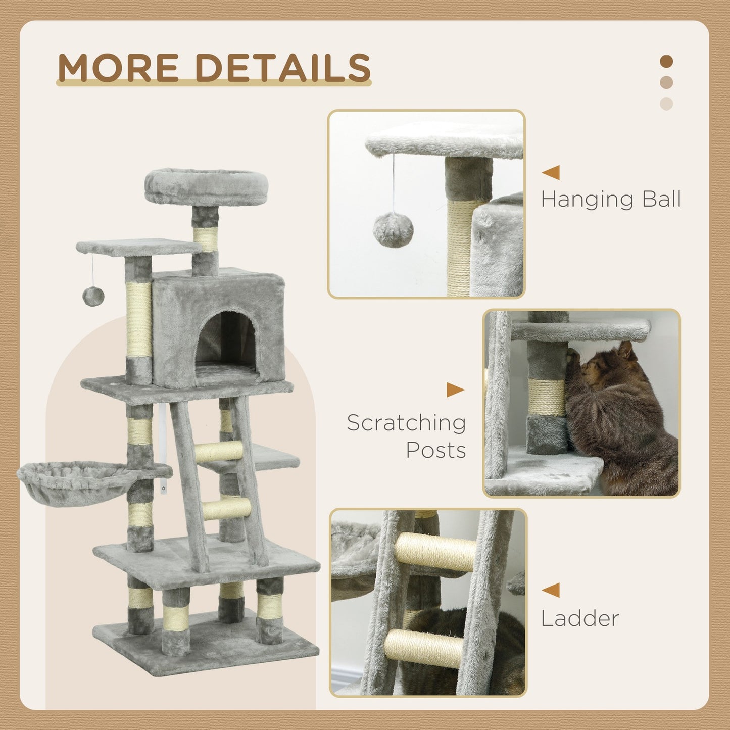 Cat Tree, 132Cm Tall Cat Activity Centre with Scratching Posts, Cat House, Grey