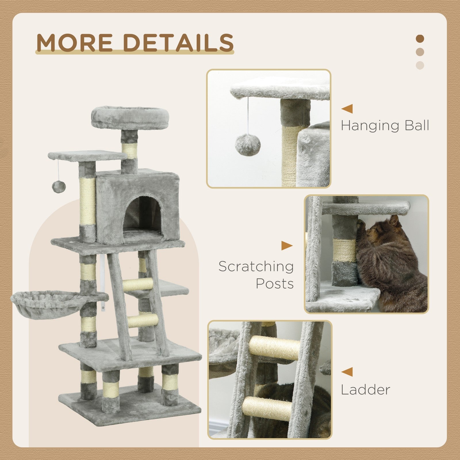 Cat Tree, 132Cm Tall Cat Activity Centre with Scratching Posts, Cat House, Grey