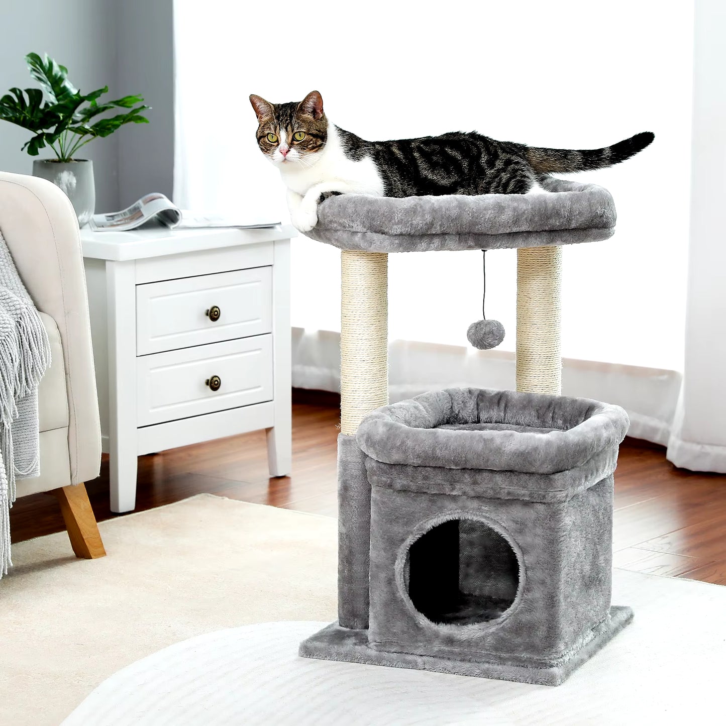 Cat Tree Tower for Indoor Cats with Private Cozy Cat Condo Natural Sisal Scratching Posts and Plush Pom-Pom for Small Cats
