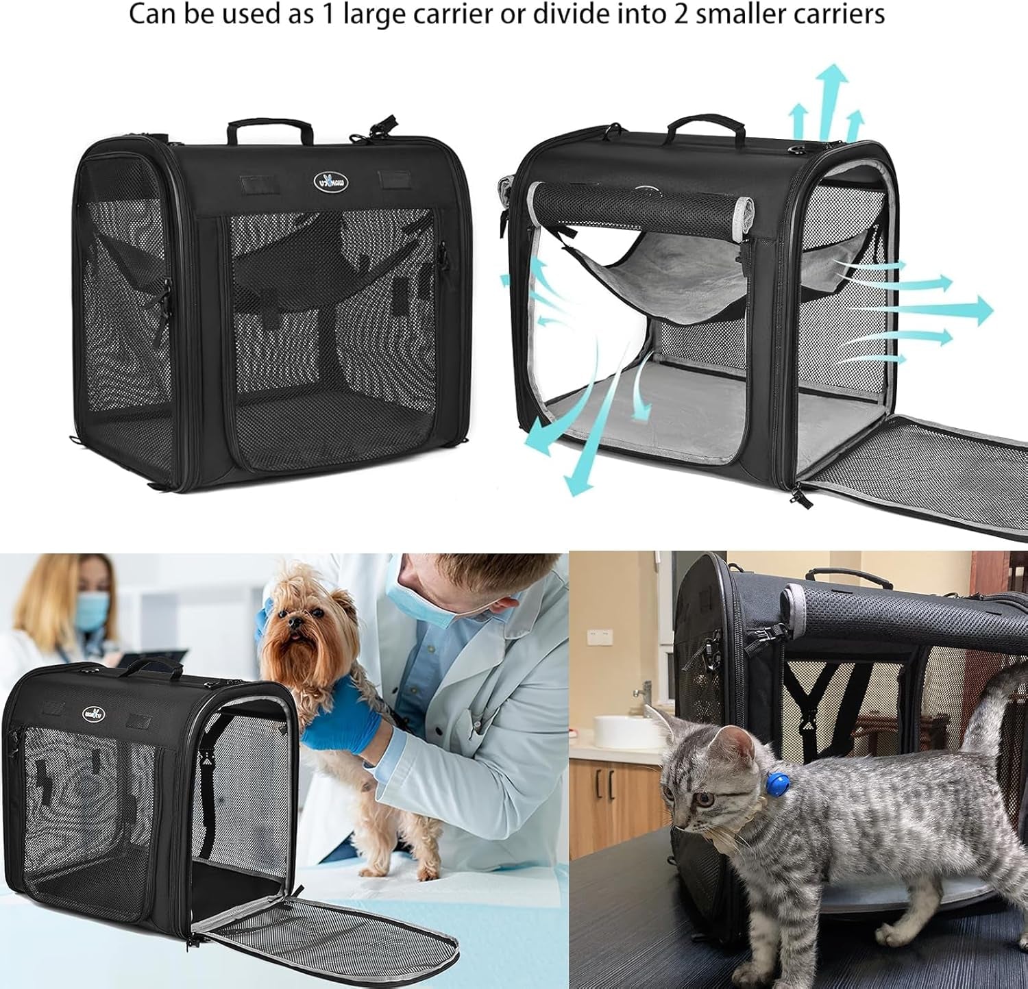 Portable 2-In-1 Pet Carrier for Medium Dogs Large Cat 2 Cats Travel Double Dog Crate Set with Carry Bag/Hammocks/Mats/Tent Stakes/2 Pcs Bowls Outdoor Camping, 2.0 Black