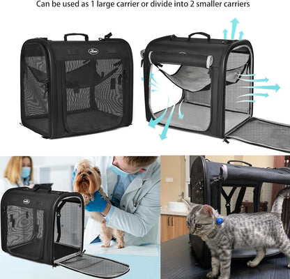 Portable 2-In-1 Pet Carrier for Medium Dogs Large Cat 2 Cats Travel Double Dog Crate Set with Carry Bag/Hammocks/Mats/Tent Stakes/2 Pcs Bowls Outdoor Camping, 2.0 Black