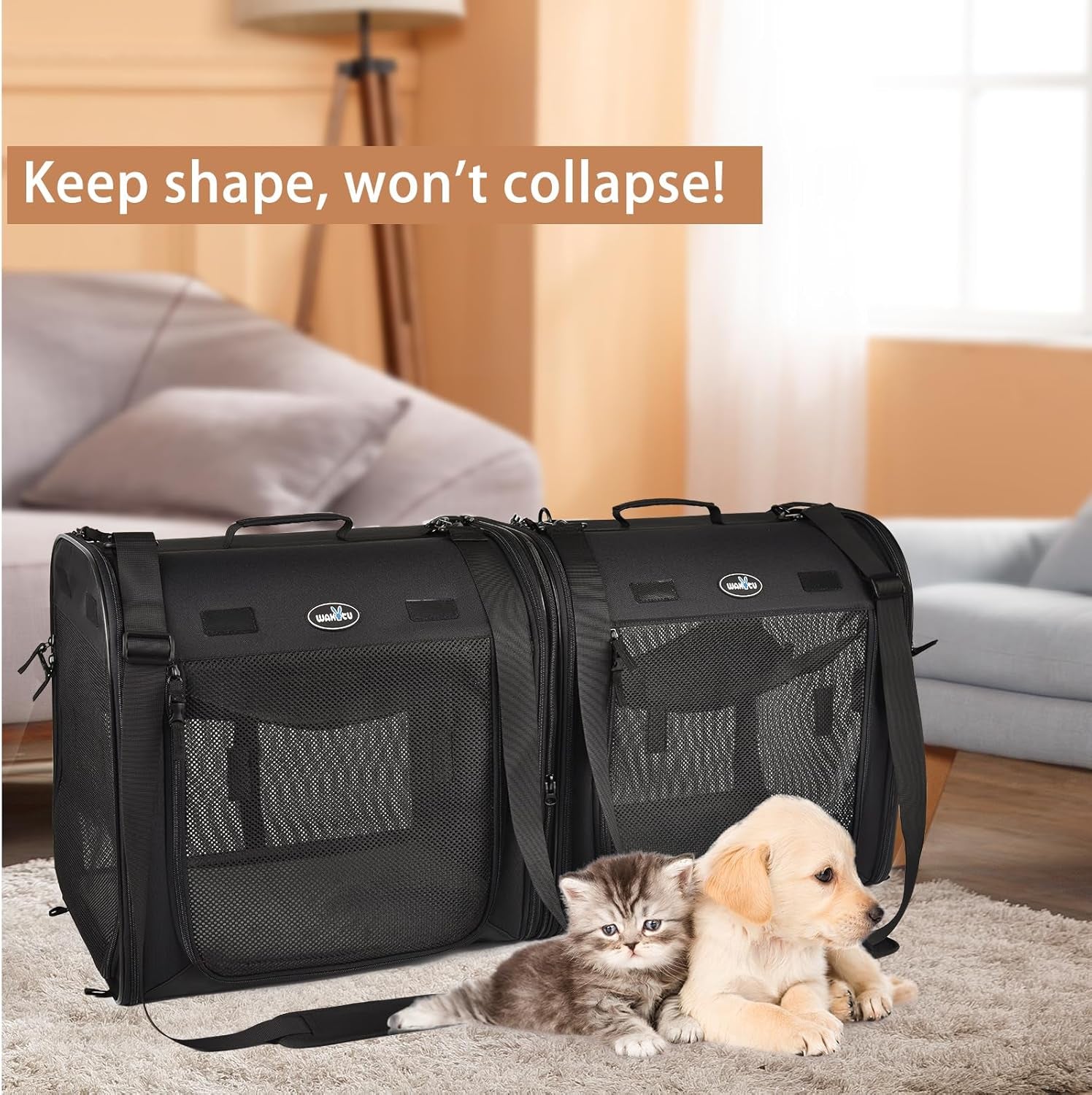 Portable 2-In-1 Pet Carrier for Medium Dogs Large Cat 2 Cats Travel Double Dog Crate Set with Carry Bag/Hammocks/Mats/Tent Stakes/2 Pcs Bowls Outdoor Camping, 2.0 Black