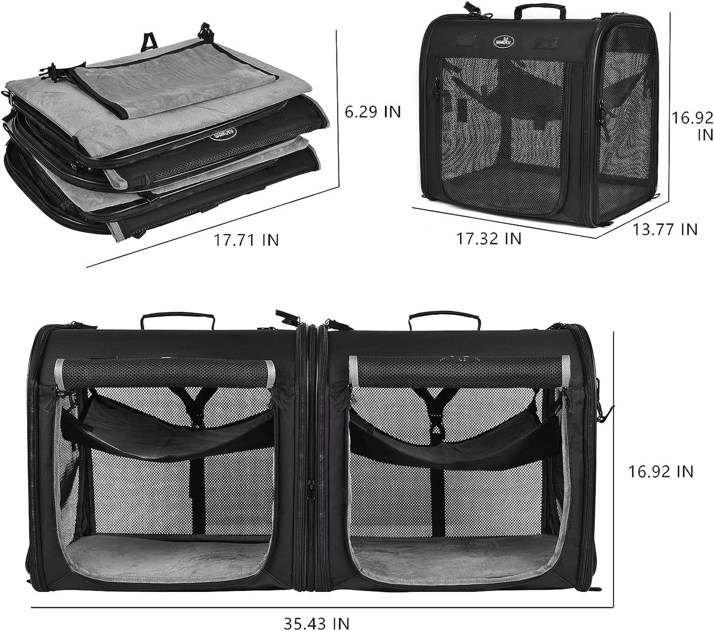 Portable 2-In-1 Pet Carrier for Medium Dogs Large Cat 2 Cats Travel Double Dog Crate Set with Carry Bag/Hammocks/Mats/Tent Stakes/2 Pcs Bowls Outdoor Camping, 2.0 Black