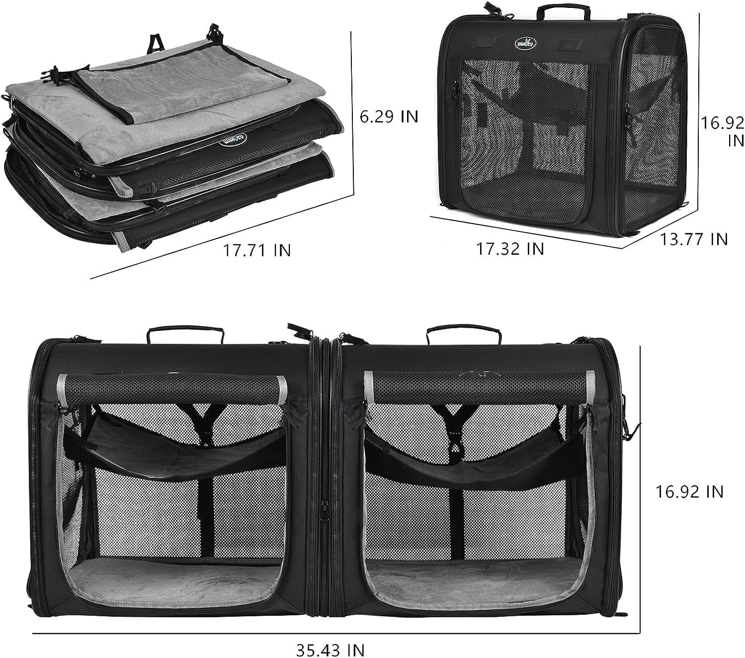 Portable 2-In-1 Pet Carrier for Medium Dogs Large Cat 2 Cats Travel Double Dog Crate Set with Carry Bag/Hammocks/Mats/Tent Stakes/2 Pcs Bowls Outdoor Camping, 2.0 Black