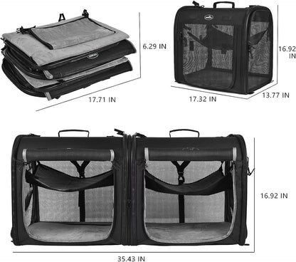 Portable 2-In-1 Pet Carrier for Medium Dogs Large Cat 2 Cats Travel Double Dog Crate Set with Carry Bag/Hammocks/Mats/Tent Stakes/2 Pcs Bowls Outdoor Camping, 2.0 Black