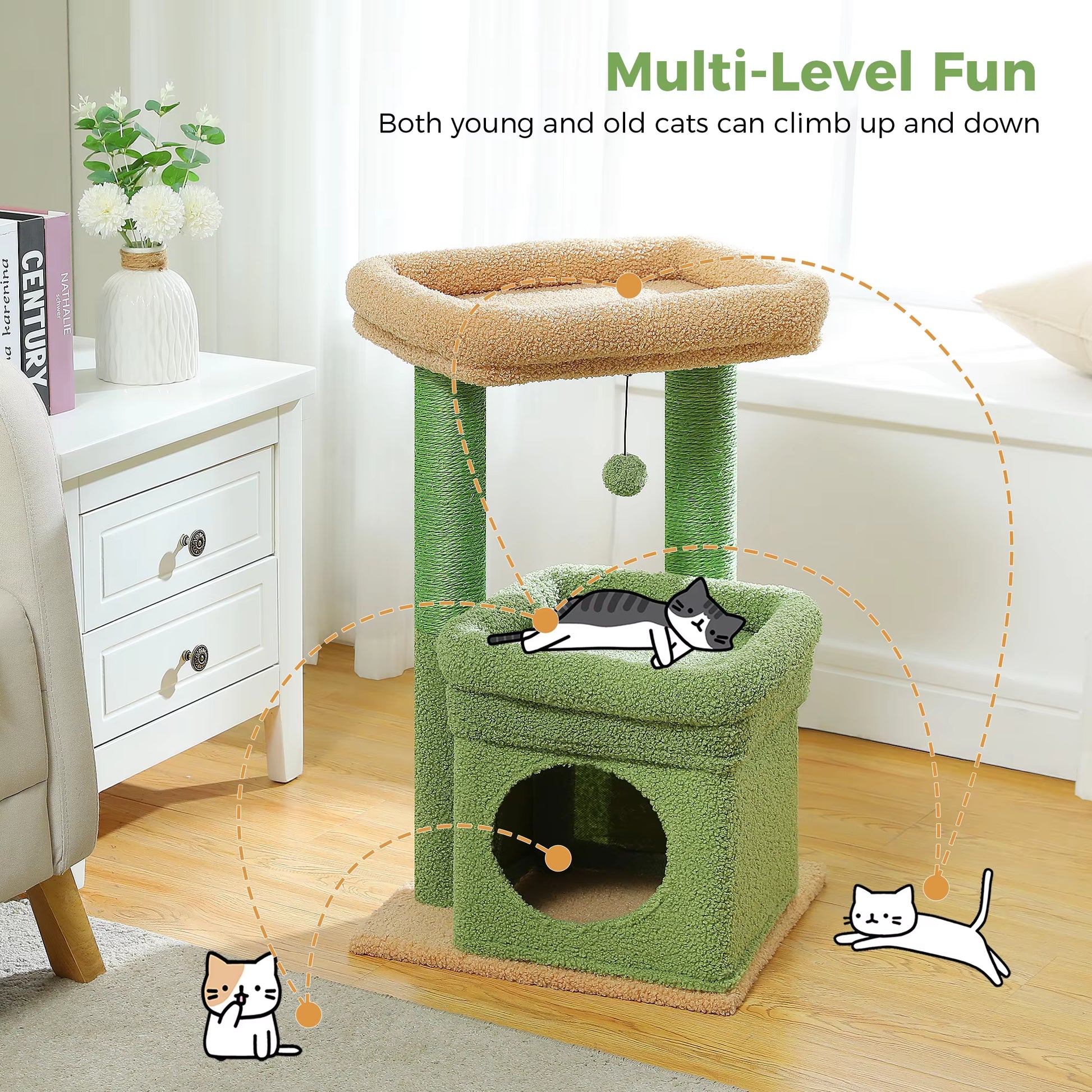 Cat Tree Tower for Indoor Cats with Private Cozy Cat Condo Natural Sisal Scratching Posts and Plush Pom-Pom for Small Cats