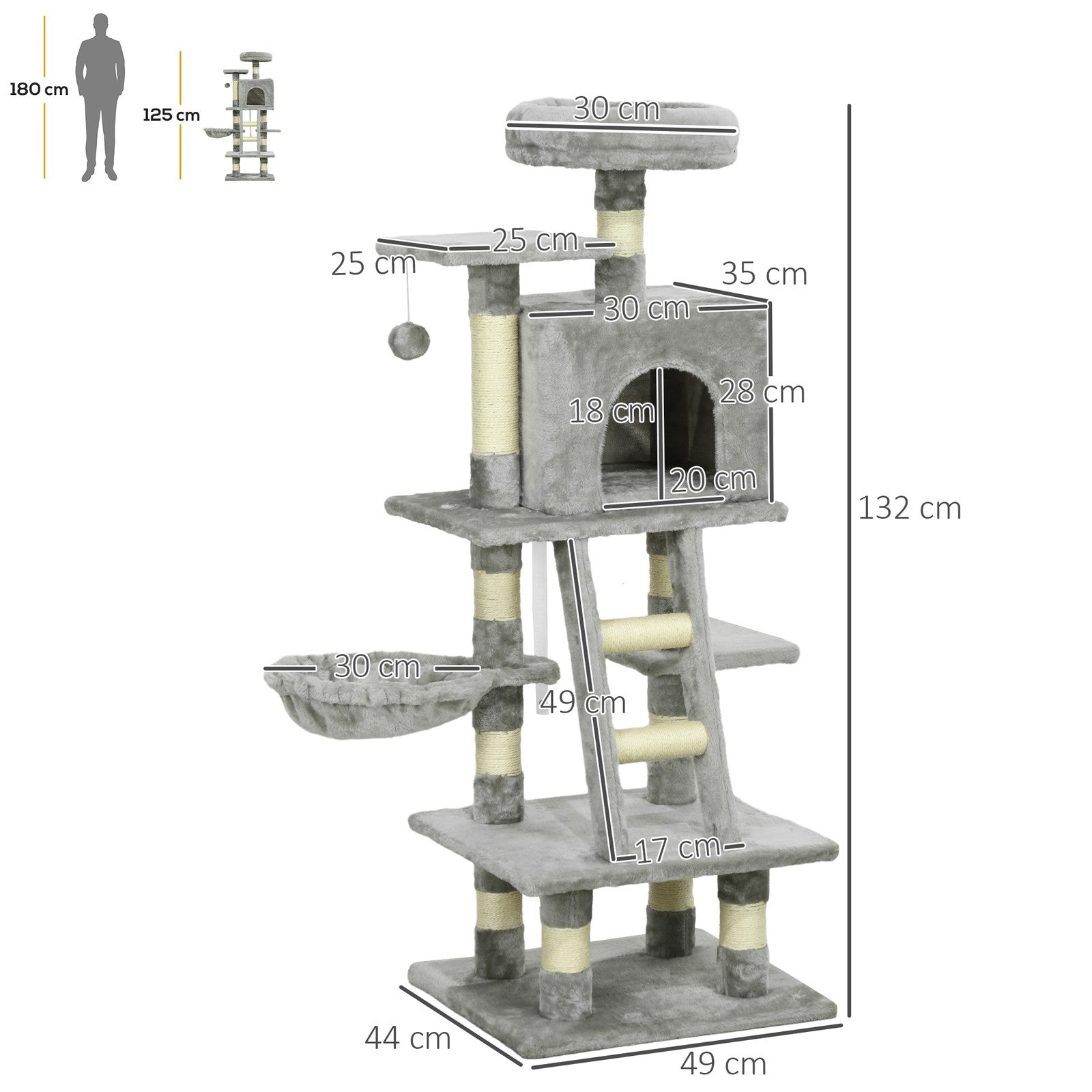 Cat Tree, 132Cm Tall Cat Activity Centre with Scratching Posts, Cat House, Grey