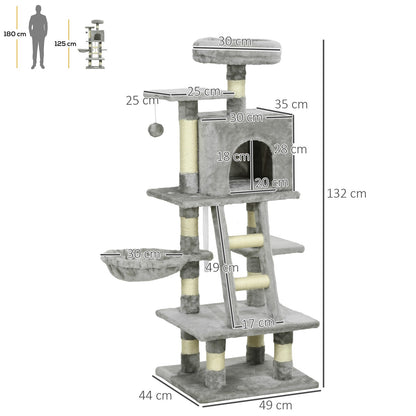 Cat Tree, 132Cm Tall Cat Activity Centre with Scratching Posts, Cat House, Grey