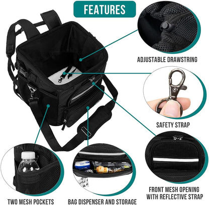 Dog Bike Basket, Soft-Sided Ventilated Dog Bike Carrier Backpack, Dog Pet Bicycle Basket for Bike Handlebar, Small Medium Puppy Cat Kitten Car Booster Seat with Safety Strap (Black)