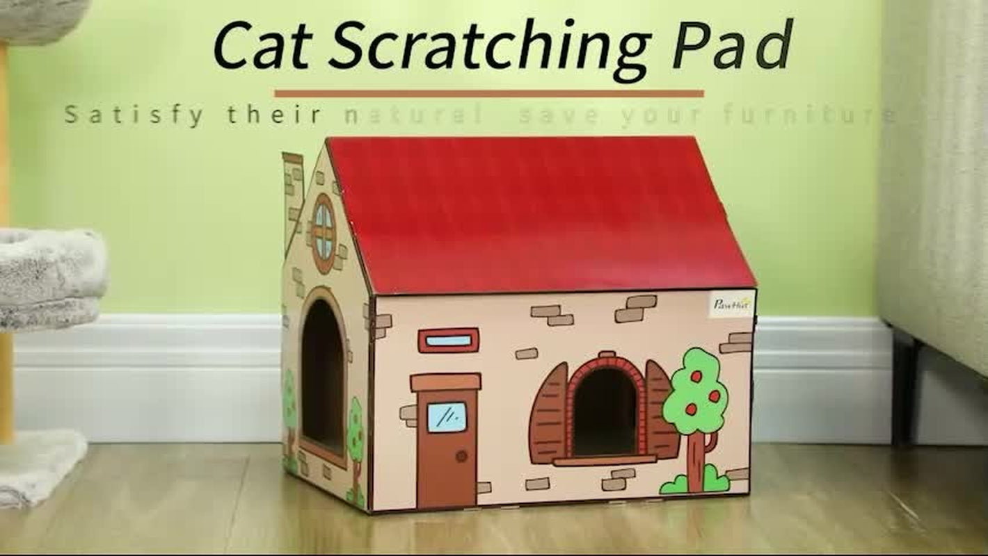 Cat scratcher house with catnip and red roof – indoor cat scratching furniture in beige