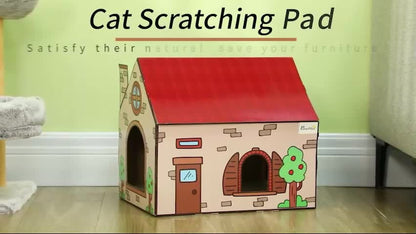 Cat scratcher house with catnip and red roof – indoor cat scratching furniture in beige