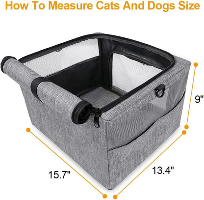 Collapsible Dog Travel Car Seat Top Cover Dog Car Carrier with Reinforce Metal Frame Construction Cage Safer Seatbelt Vehichels Bags for Small Medium Puppy Cat up to 15 Lbs
