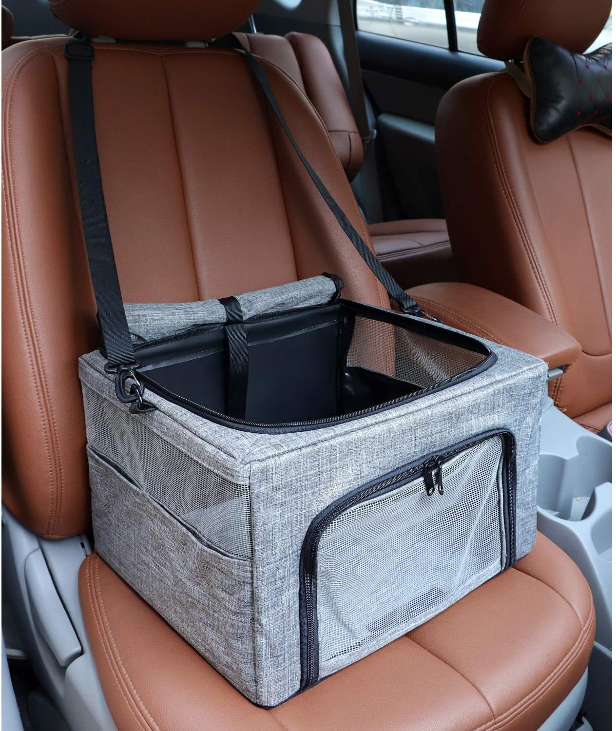 Collapsible Dog Travel Car Seat Top Cover Dog Car Carrier with Reinforce Metal Frame Construction Cage Safer Seatbelt Vehichels Bags for Small Medium Puppy Cat up to 15 Lbs