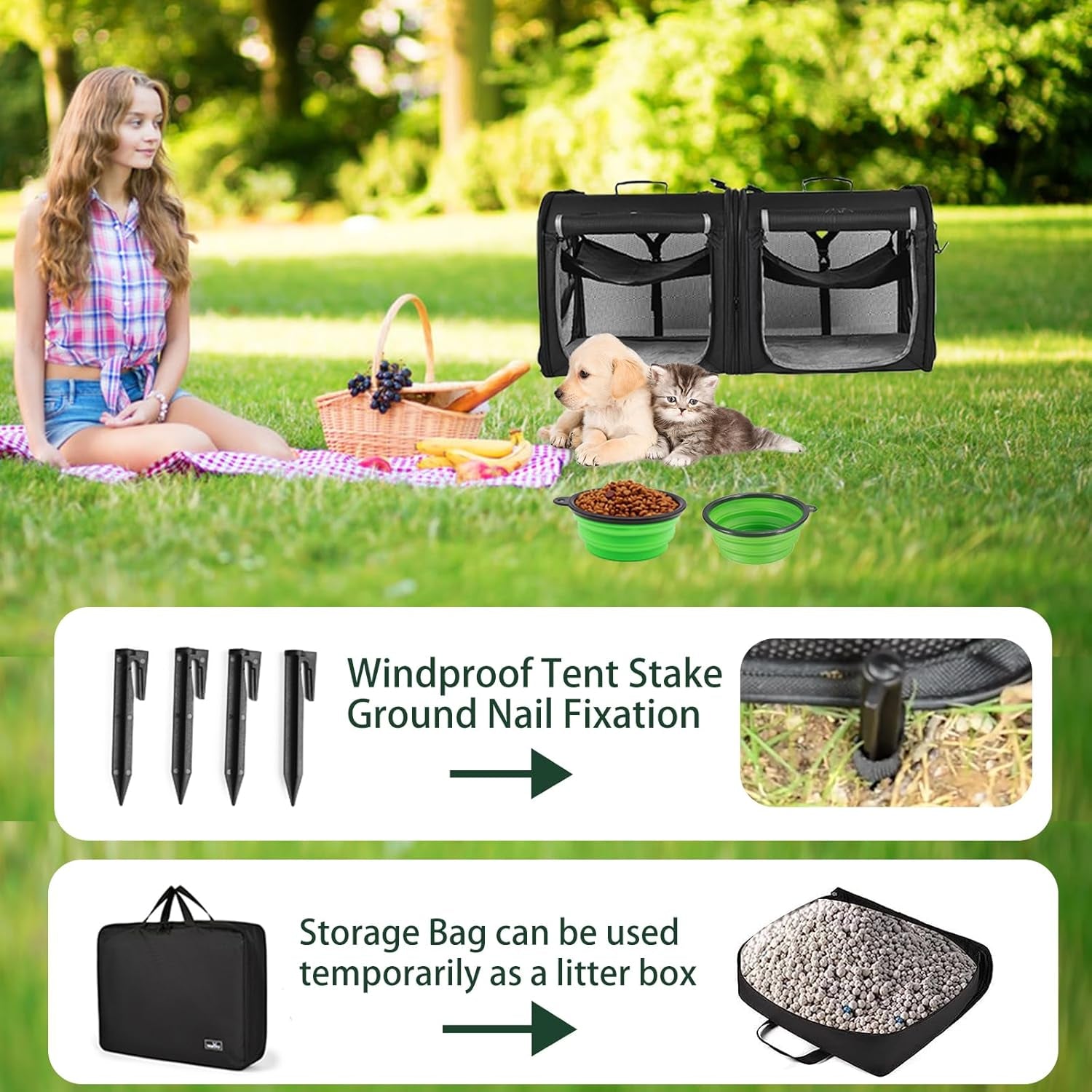 Portable 2-In-1 Pet Carrier for Medium Dogs Large Cat 2 Cats Travel Double Dog Crate Set with Carry Bag/Hammocks/Mats/Tent Stakes/2 Pcs Bowls Outdoor Camping, 2.0 Black