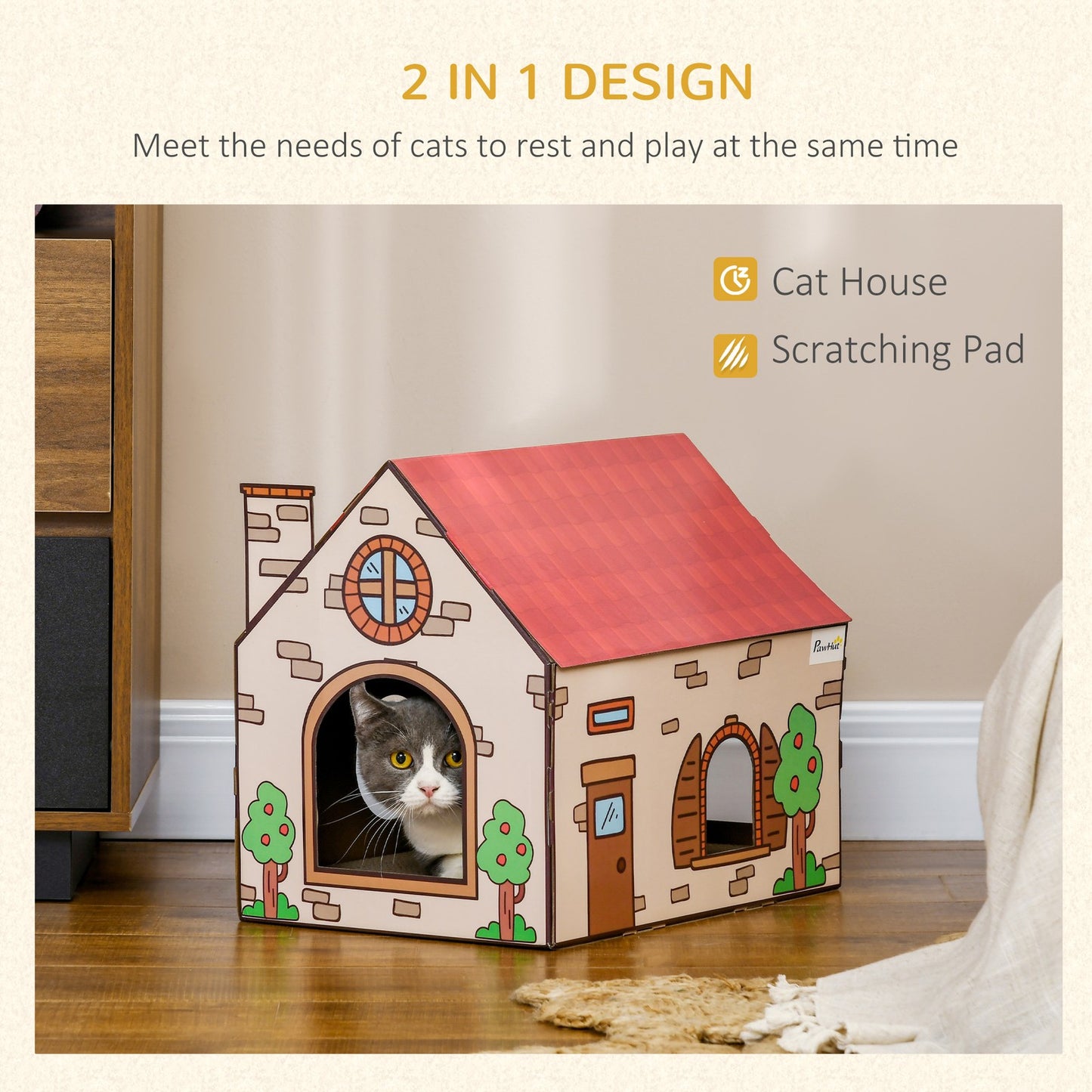 Cat Scratcher House with Scratcher, Catnip, Red Roof for Indoor Cats, Beige